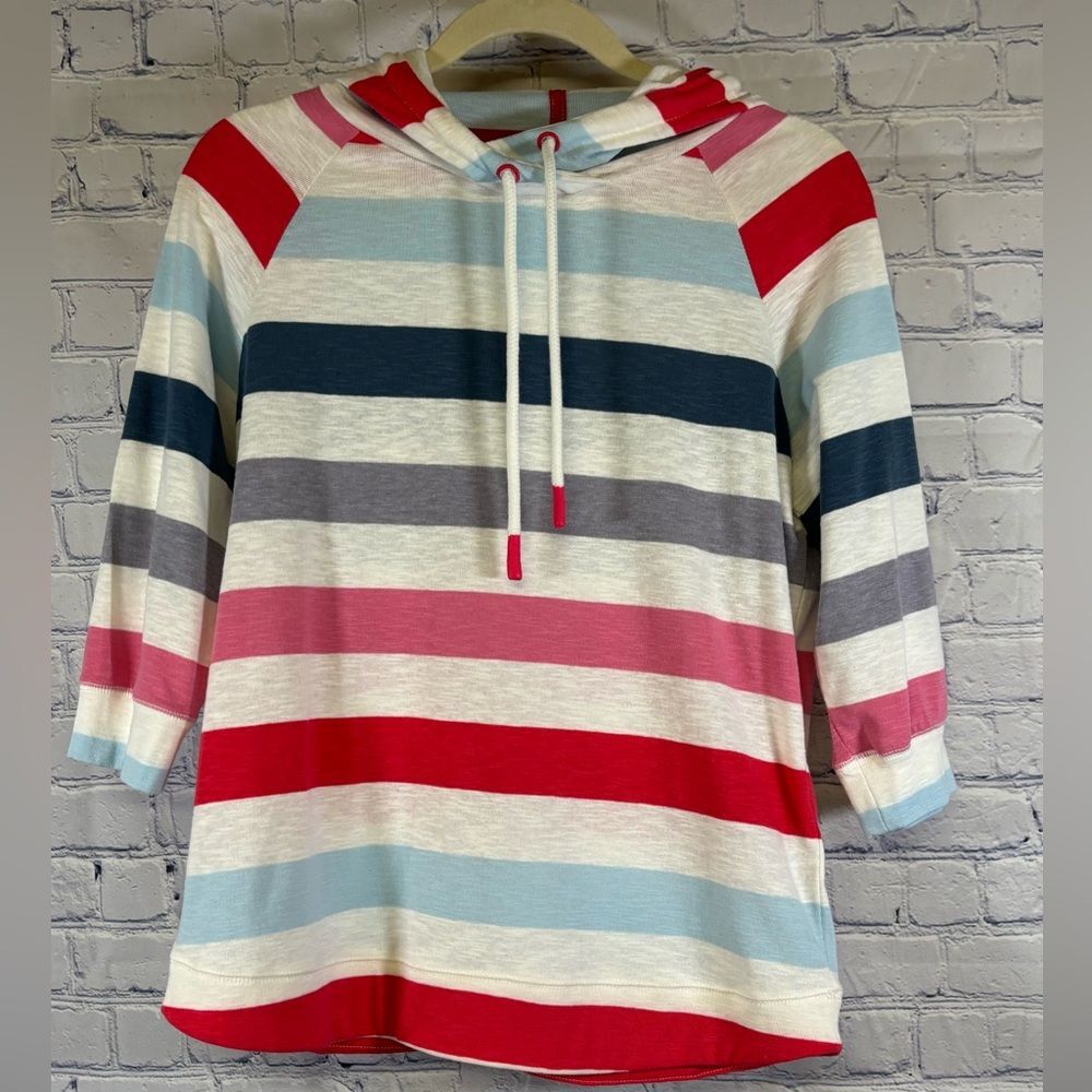 Tribal Red Blue Pink Stripe Coastal Nautical Vacation Casual Preppy Hood Shirt S